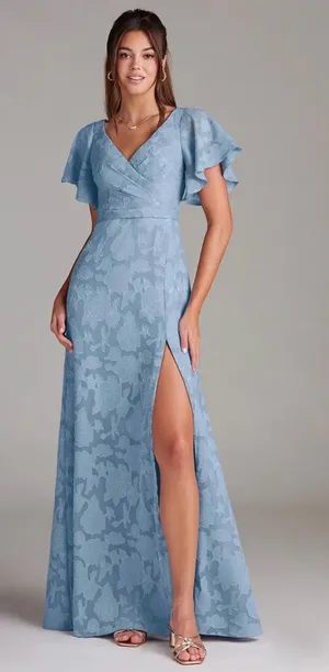 Azazie Slate Blue Floral Jacquard Maxi Flutter Sleeves High Slit Dress Size 10 thumbnail 1