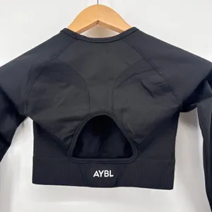 AYBL Black Motion Seamless Cropped Long Sleeve Gym Top Thumbholes‎ Cutout Back S thumbnail 6