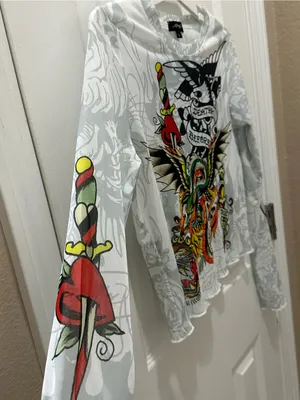 Ed Hardy Dragon Dagger white mesh long sleeve crop top Large Y2K thumbnail 10