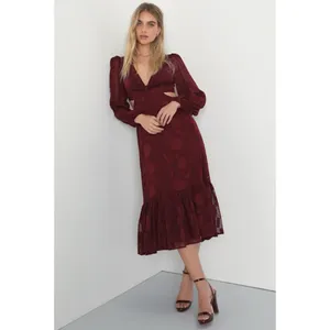 Lulus Desired Aesthetic Wine Red Floral Burnout Long Sleeve Midi Dress Size L thumbnail 12
