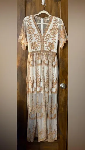Altar’d State Elegant Cream and Brown Embroidered Dress thumbnail 1
