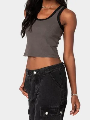 Edikted Alix Lacey Ribbed‎ Gray Scoop Crop Black Lace Trim Tank Top thumbnail 2