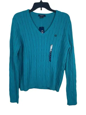 Chaps Cable Knit V-Neck Sweater XL Teal 100% Cotton Preppy Old Money NWT thumbnail 1