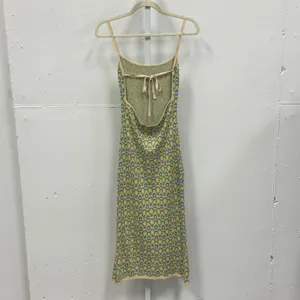 Cider Yellow Blue Floral Geometric Knit Open Back Tie Midi Bodycon Dress Small thumbnail 2