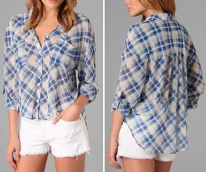 Free People Blue Cream Plaid Sheer Chiffon High Low Blouse Shirt Size Small thumbnail 2