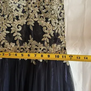 Blondie Nites Gown Juniors‎ Size 9 Navy Long Mesh Gown Corset Style Gold Prom thumbnail 12