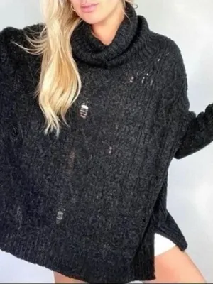 Free People Distressed Cable Knit Turtleneck Sweater Oversized Cowl Black Small‎ thumbnail 9