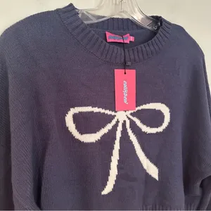 EDIKTED Knit Bow Cropped Sweater‎ Women's XS/S Navy Boho Dainty Coquette Girl thumbnail 7