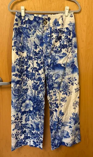 blue and white anthropology floral pants thumbnail 1