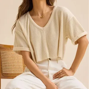 Altar’d State Green Ribbed Crop Pull on V-neck Top(Size Small) thumbnail 1