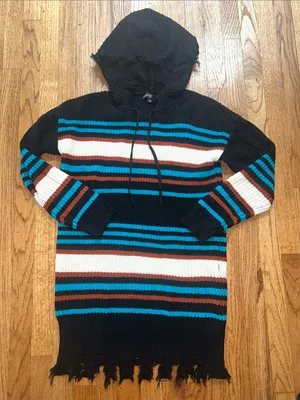 Women’s Almost Famous Bohemian Hooded Fringe Sweater Dress - Stripes Large NEW thumbnail 1