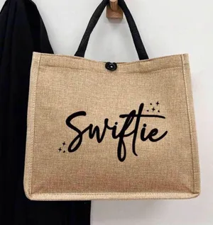1pc Khaki Reusable Canvas Tote Bag For Women With Star, Heart, Swiftie Letter Print, Convenient For Outing thumbnail 1