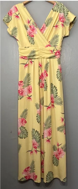 IMAN Maxi Dress Size Medium Petite Yellow Tropical Floral Summer Vacation Resort thumbnail 1