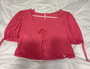 Free People Pink Tie Top Front Puff Sleeve Crop thumbnail 1