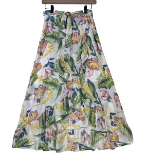 Tropical Floral Ruffle High Low‎ Maxi Skirt White Pink Green Hibiscus Wrap Style thumbnail 1