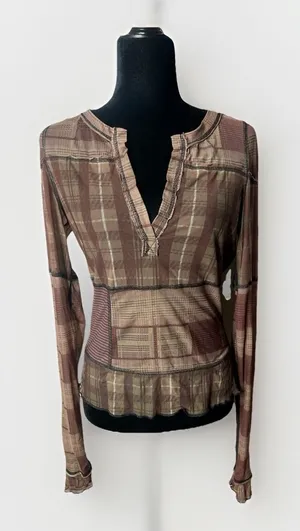 Free People Brown Plaid Mesh V Neck Long Sleeve Medium Tee Lettuce Edge‎ thumbnail 1