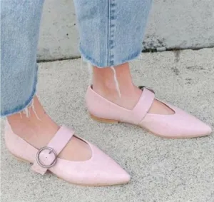 Freda Salvador Ivy Mary Jane Flats Pointed Toe Embossed Leather Pink‎ Croc Sz 7 thumbnail 1