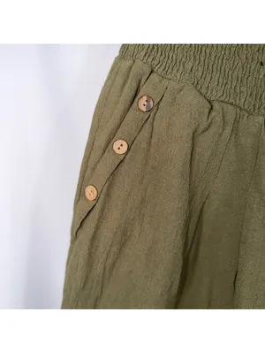 Olive Green Smocked Waist Wide Leg Pants M thumbnail 4