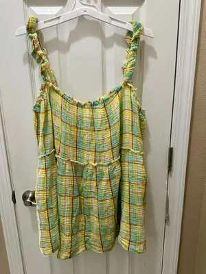 Anthropologie Plaid gauze Ruffle Mini Dress Boho Babydoll yellow size XL thumbnail 4