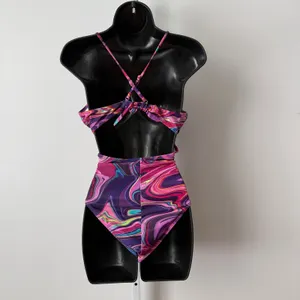 Purple L Marble One Piece‎ Swimsuit Cutout High Leg Monokini Rave Beach Coastal thumbnail 6