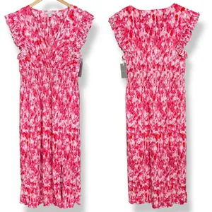 Chelsea28‎ Dress Flutter Sleeve Plissé Midi Dress NWT Pink Red Artful Petals Lrg thumbnail 3