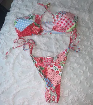 Amazon Women’s Small  Strawberry Shortcake Patchwork Bandeau Bikini Set thumbnail 2