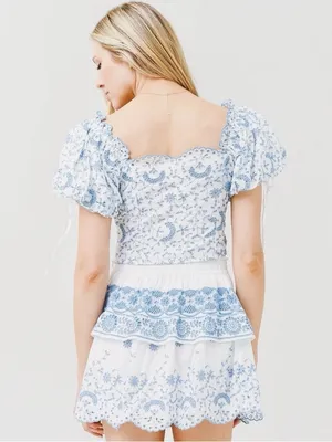 LoveShackFancy Melina Broderie‎ Anglaise Blue Eyelet White Puff Sleeve Crop Top thumbnail 2