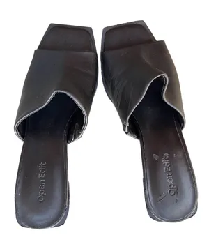 Open Edit Black Leather Square-Toe Slide Mules thumbnail 1