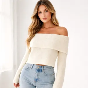 Remi x Revolve Off Shoulder Sweater Crop Ivory‎ Medium Ribbed Knit Soft Girl thumbnail 2