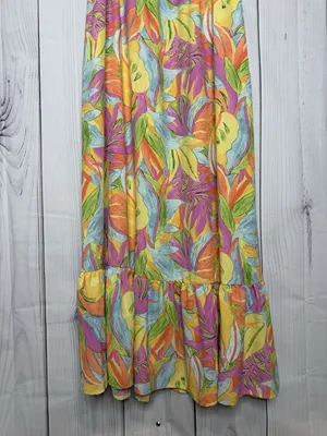 Skies Are Blue Floral Maxi Dress Size L Ruffle Puff Sleeve Smocked Back Lined thumbnail 3