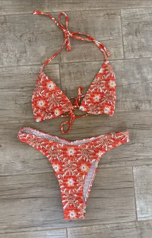Orange Floral Smocked Bikini Set thumbnail 1