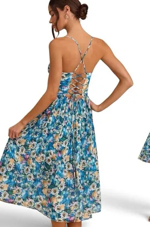 Lulus Aleyna Blue Multi Abstract Pleated Lace-Up Bustier Midi Dress size L NWT thumbnail 1