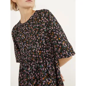 Bershka Womens Floral Babydoll Mini Dress Black Multi Tiered Puff Sleeve‎ Large thumbnail 3