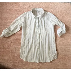 Norah Women’s L Beige Striped Button Up Shirt 100% Cotton Roll Tab Sleeves thumbnail 1