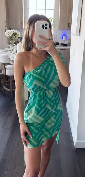 Forever 21 Teal Patterned Dress One Shoulder w/ Tie (Size Small) thumbnail 1