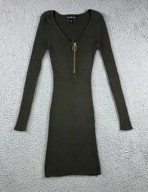 Derek Heart Ribbed Long Sleeve‎ Bodycon Mini Dress Women Medium Olive Green thumbnail 1