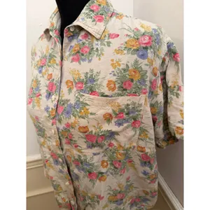 Vintage Rosettes Floral Linen Blend Top Cottage Button Up Short Sleeve Blouse thumbnail 4