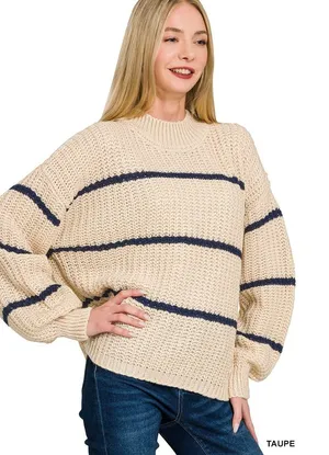 Zenana Oversize Striped Sweater - Taupe - Medium thumbnail 1