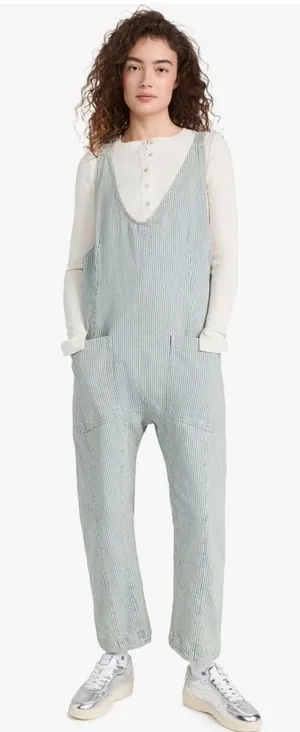 Free People Striped Denim Overalls XL Railroad Utility Workwear Baggy thumbnail 1