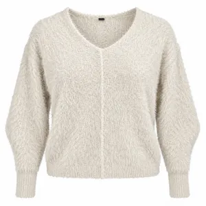 Free People Sweater XS Ivory Eyelash Knit Fuzzy Cropped v Neck Sweater Relaxed thumbnail 1