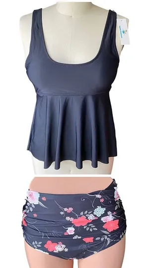 NWT ~ BEACHSISSI Black Floral Tankini Bikini Swimsuit ~ Womens Size MEDIUM thumbnail 1