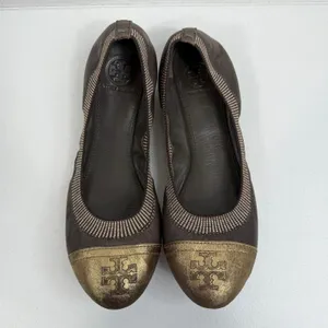 Tory Burch Sz 8.5 Gabby Ballet Flats Gun Metal Leather Gold‎ Cap Toe Logo Shoes thumbnail 6