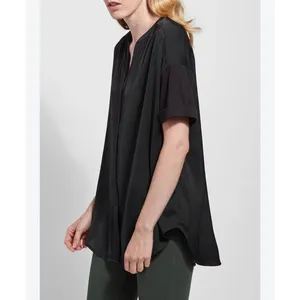 Lysse Mixed Media V-Neck Top Women S Teal Green Workwear Minimalist Short Sleeve thumbnail 6