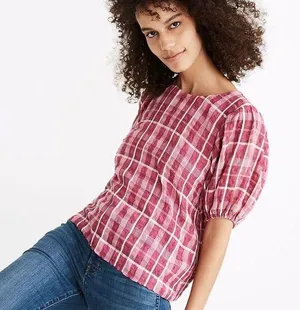 Madewell Plaid puff sleeve top thumbnail 1