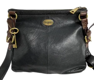 Fossil Vintage Black Leather Crossbody Bag Brown Trim Brass Key Y2K thumbnail 1