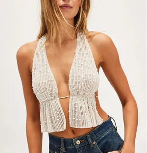 Free People Ibiza nights Beaded Halter Top Ivory NEW thumbnail 1