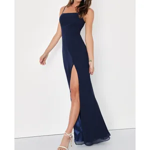 NEW Lulus Feeling Elegant Navy Blue Lace-Up Back Slit Chiffon Maxi Dress Medium thumbnail 2