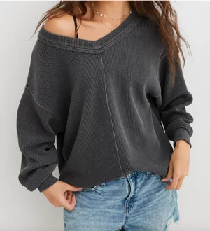 Aerie Wonder Textured V-Neck Sweater thumbnail 1