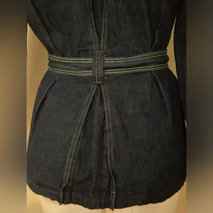 No Tag Denim Tie Blue Jean Jacket With Yellow Thread Collar Button Down Sz 9/10. thumbnail 10