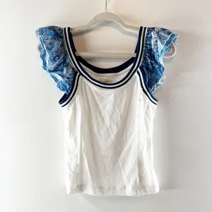 Pilcro Anthropologie Ruffle Cap Short Sleeve Scoopneck Tee Shirt White Blue M thumbnail 2
